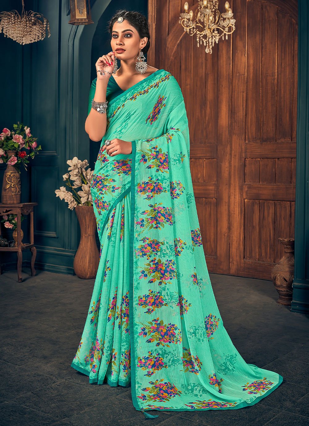 Brown Floral Printed Chiffon Saree With Blouse Latest 2797SR05