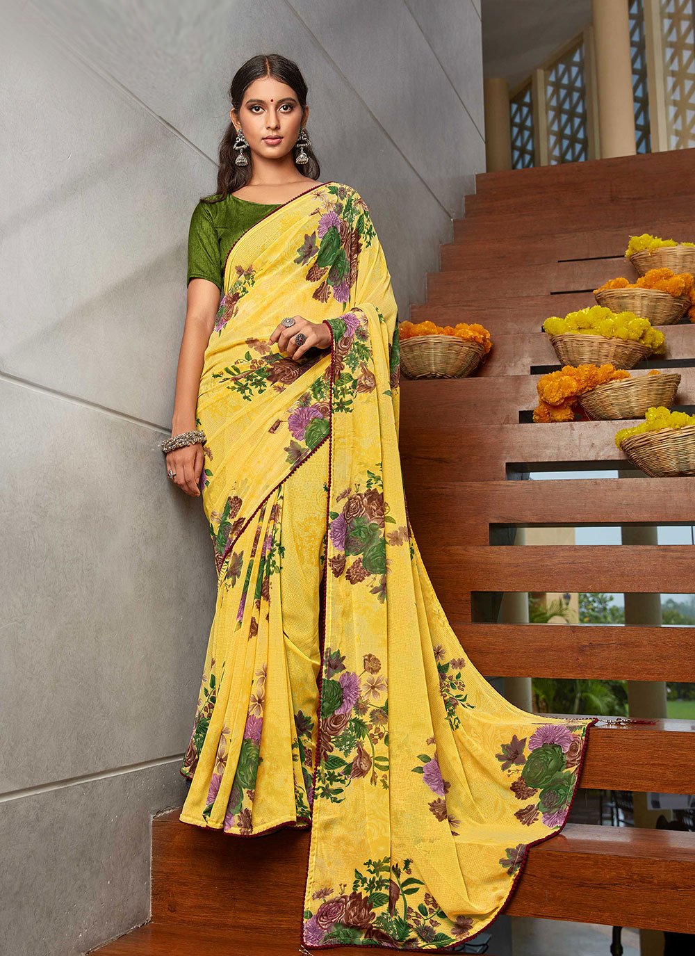 Buy online Embroidered Bordered Printed Saree With Blouse With Blouse from  ethnic wear for Women by V Plus for ₹1989 at 60% off | 2023 Limeroad.com