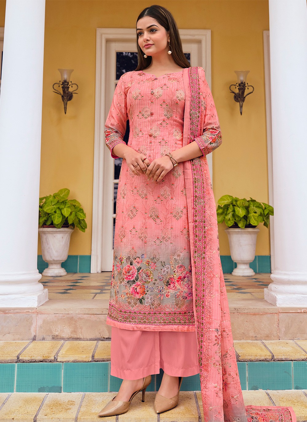 Floral Print Pink Salwar Kameez 