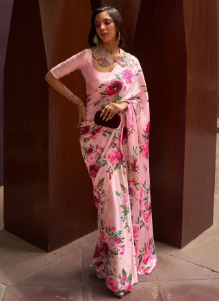 Floral Print Pink Trendy Saree
