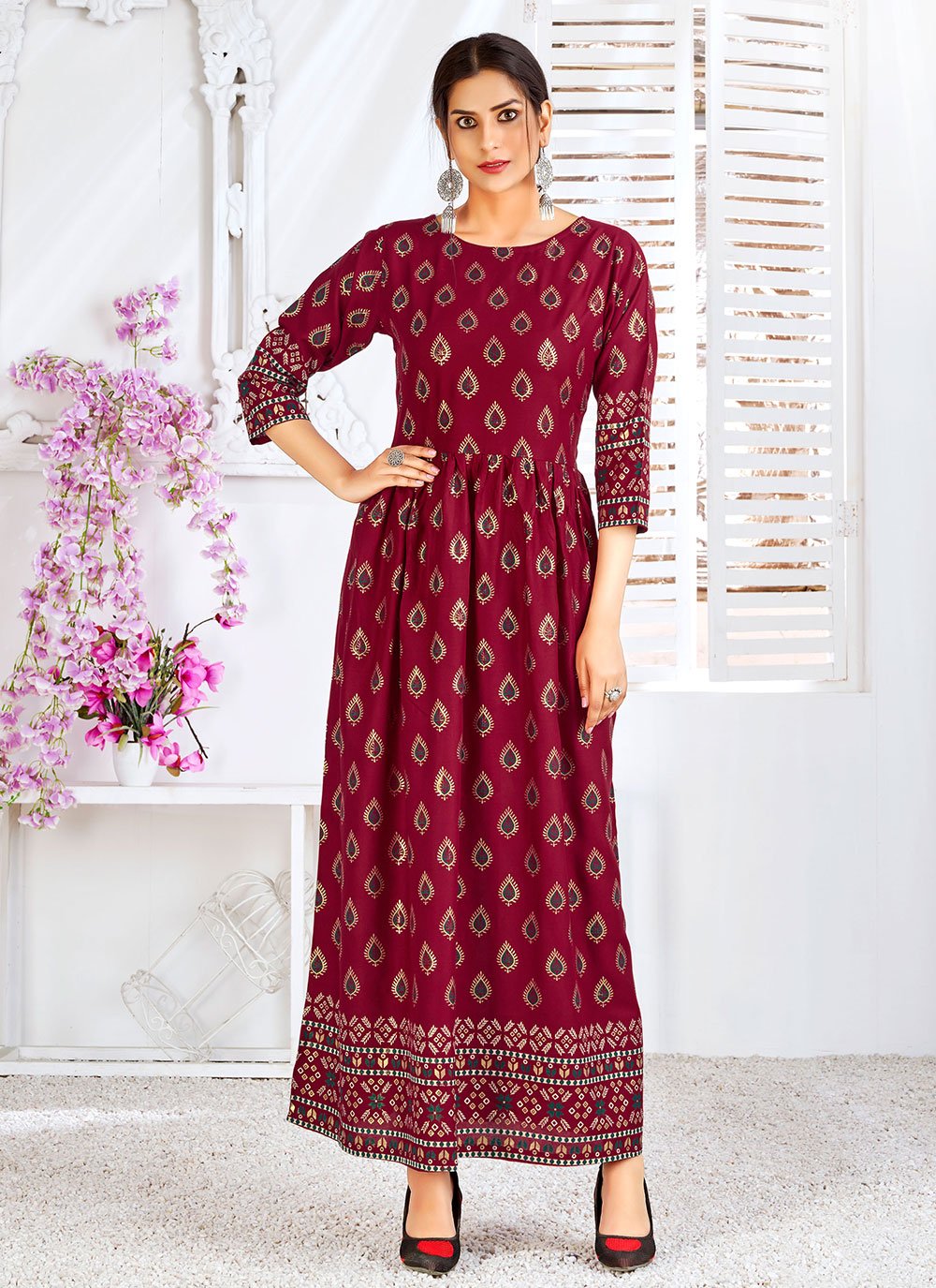 Foil Print Maroon Readymade Gown