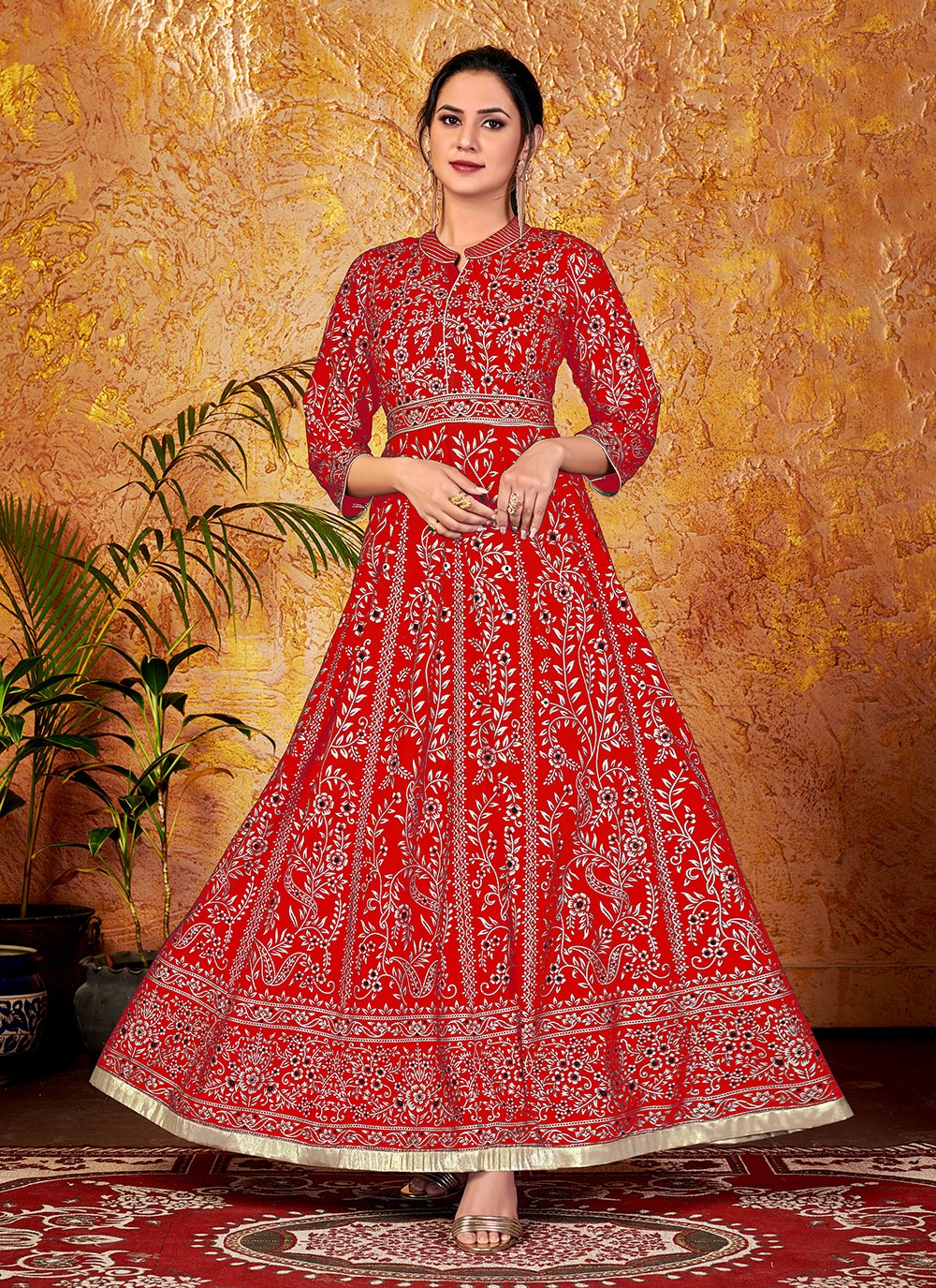 Foil Print Red Readymade Trendy Gown 