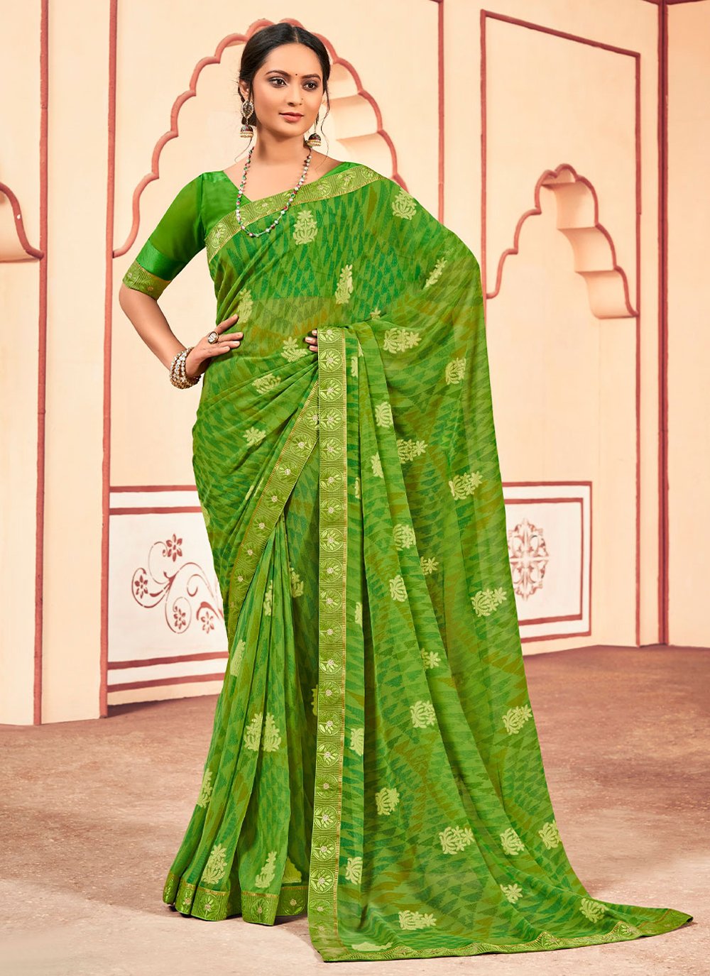 Georgette Abstract Print Green Traditional Saree