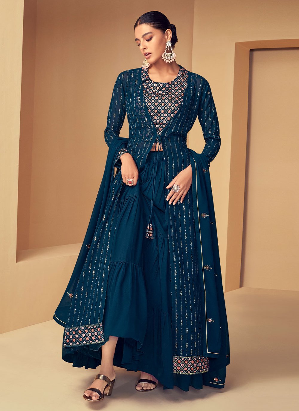 Georgette Blue Embroidered Trendy Salwar Kameez