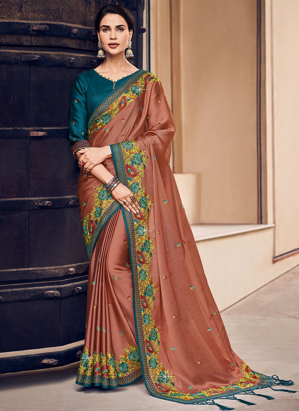 Georgette Border Brown Traditional Saree