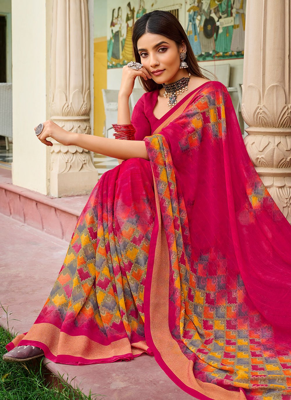 Georgette Border Contemporary Style Saree in Multi Colour