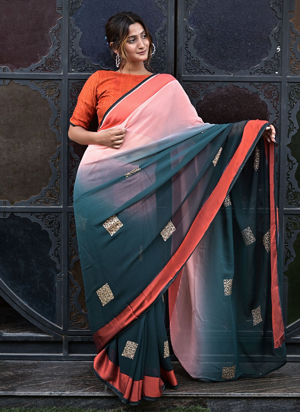 Georgette Border Peach and Teal Shaded Saree