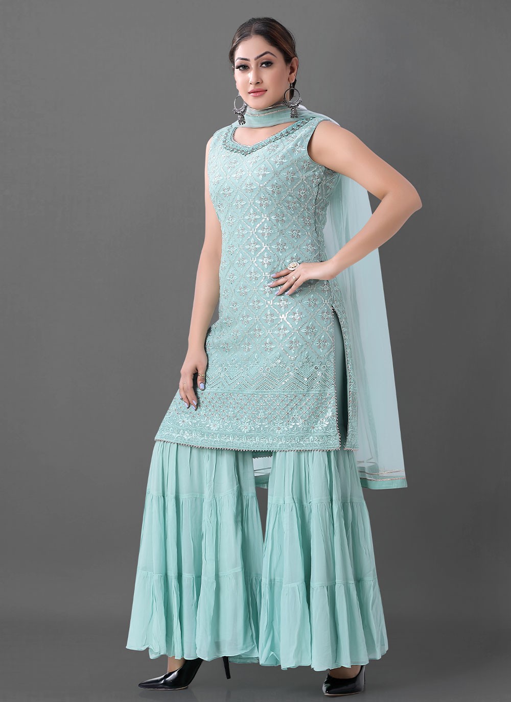 Georgette Embroidered Aqua Blue Readymade Salwar Suit