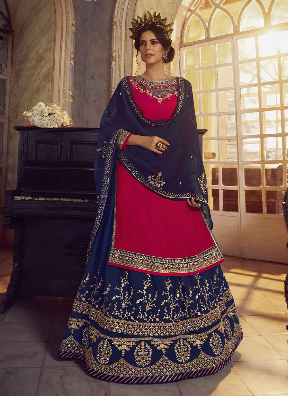 Georgette Embroidered Blue Trendy ...
