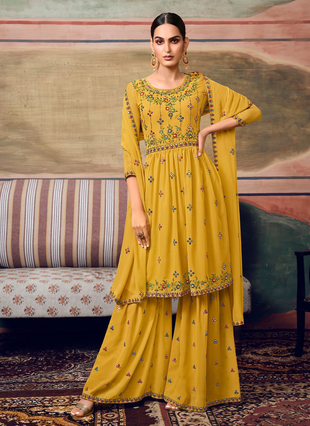 Georgette Embroidered Designer Pakistani Suit in Mustard