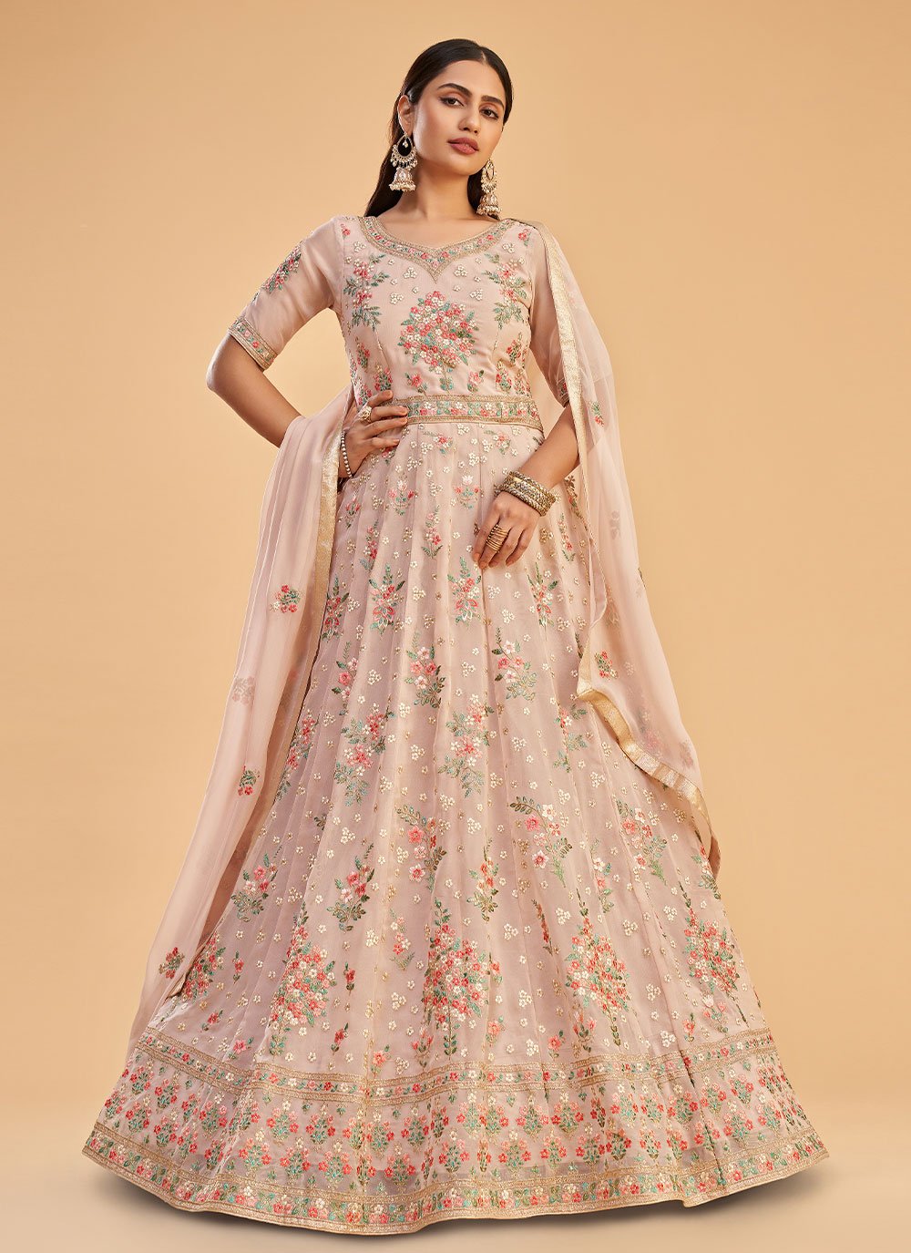 Georgette Embroidered Floor Length Salwar Suit in Pink