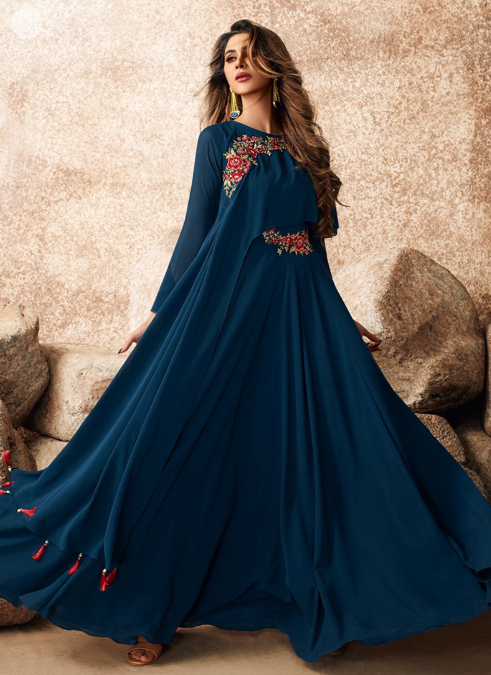 Georgette Embroidered Gown  in Navy Blue