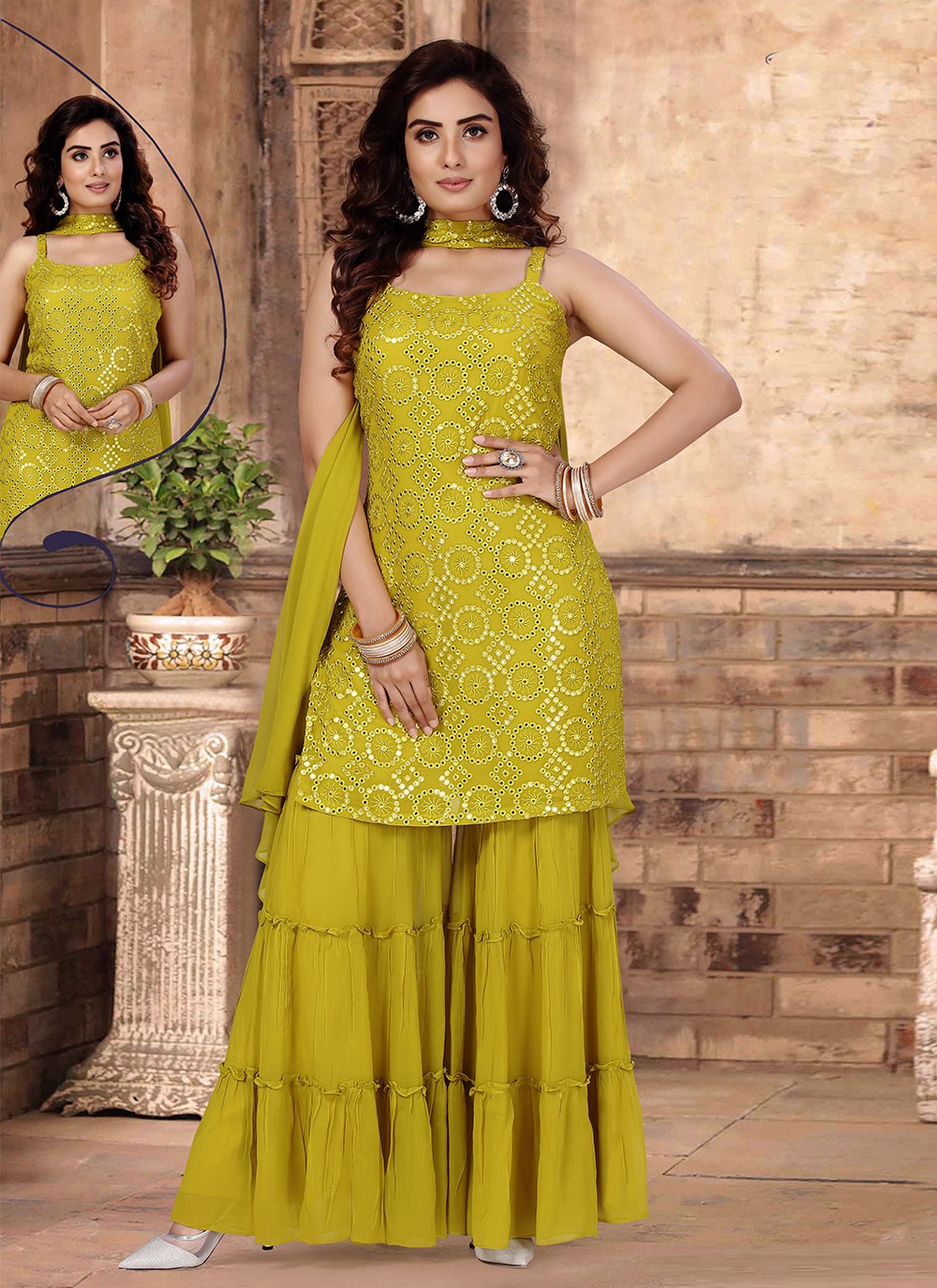 Georgette Embroidered Green Designer Palazzo Suit