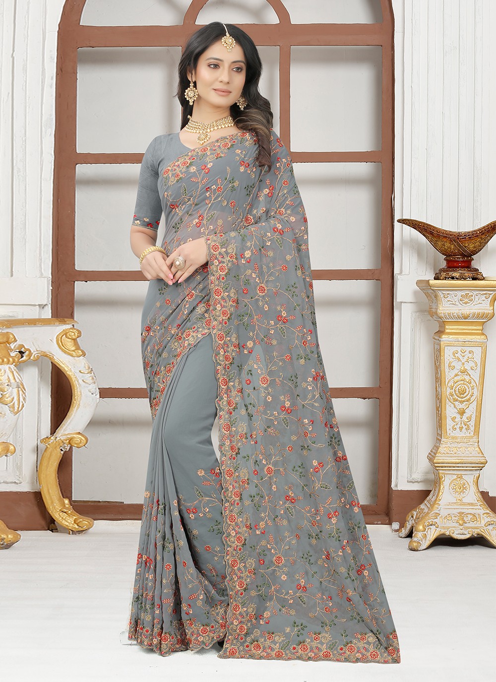Georgette Embroidered Grey Designer Contemporary Style Saree