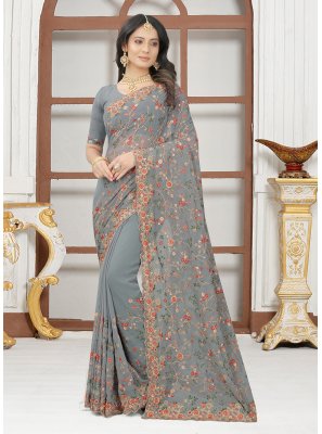 Georgette Embroidered Grey Designer Contemporary Style Saree