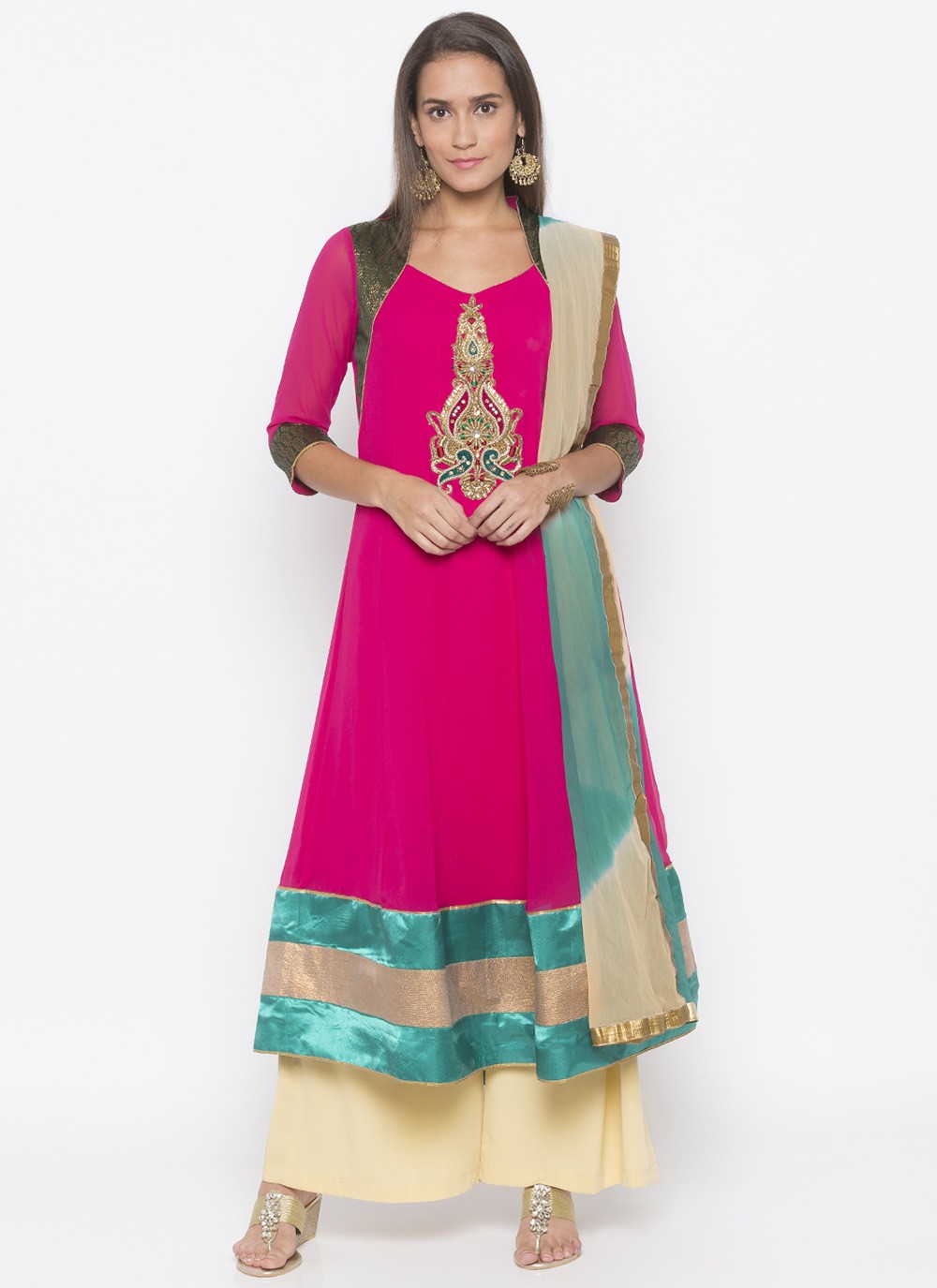 Georgette Embroidered Hot Pink Readymade Suit