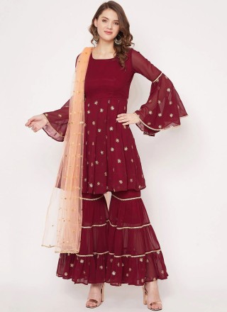 Georgette Embroidered Maroon Palazzo Salwar Suit