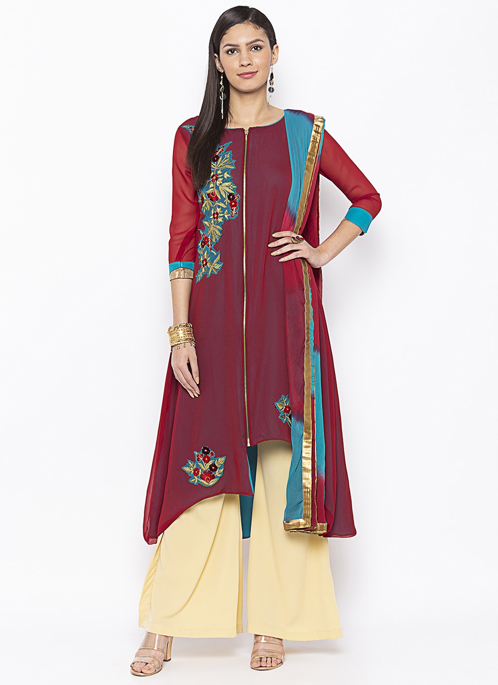 Georgette Embroidered Maroon Readymade Suit