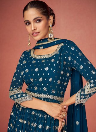Georgette Embroidered Navy Blue Readymade Salwar Kameez