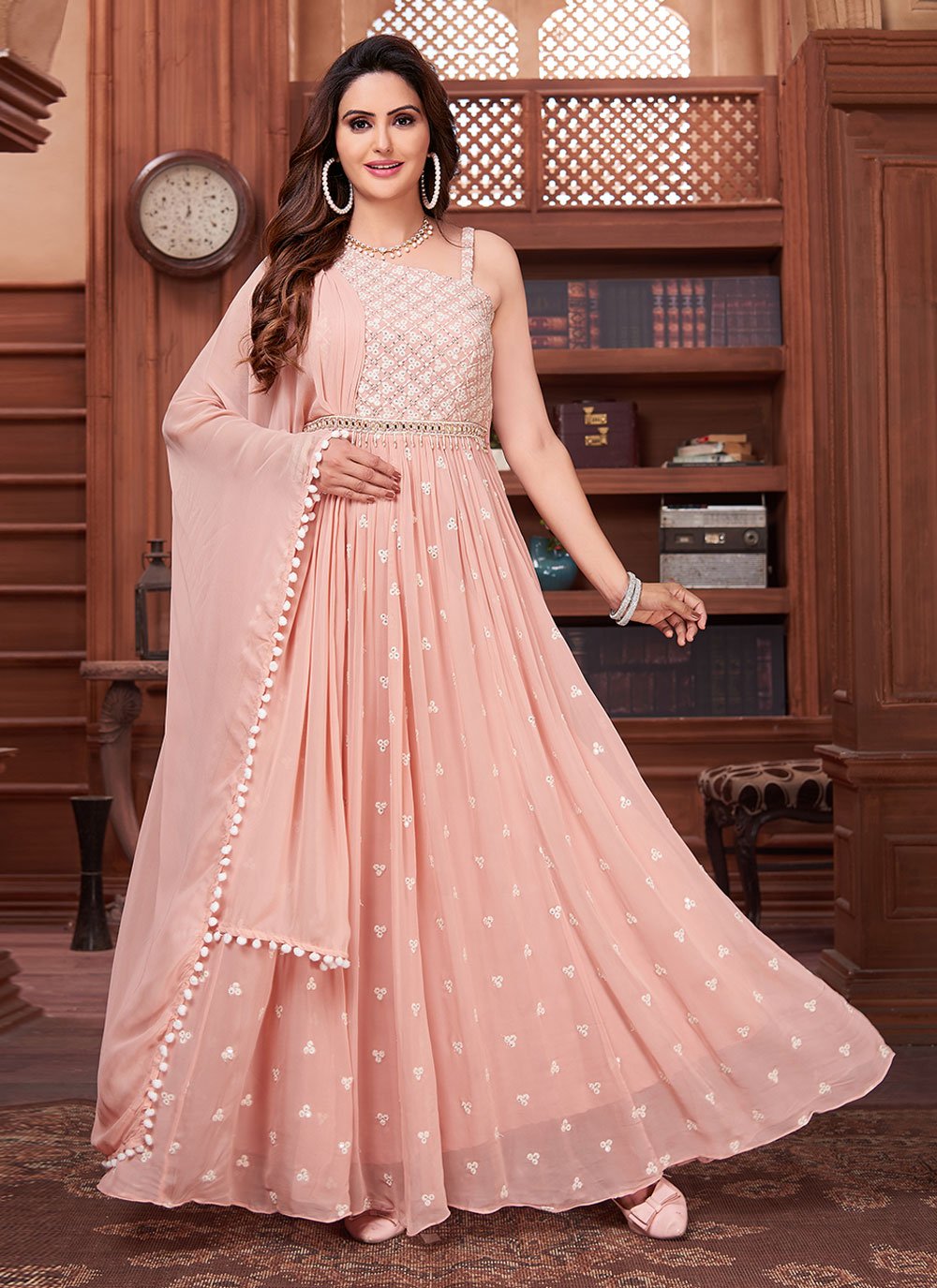 Georgette Embroidered Peach Readymade Anarkali Suit