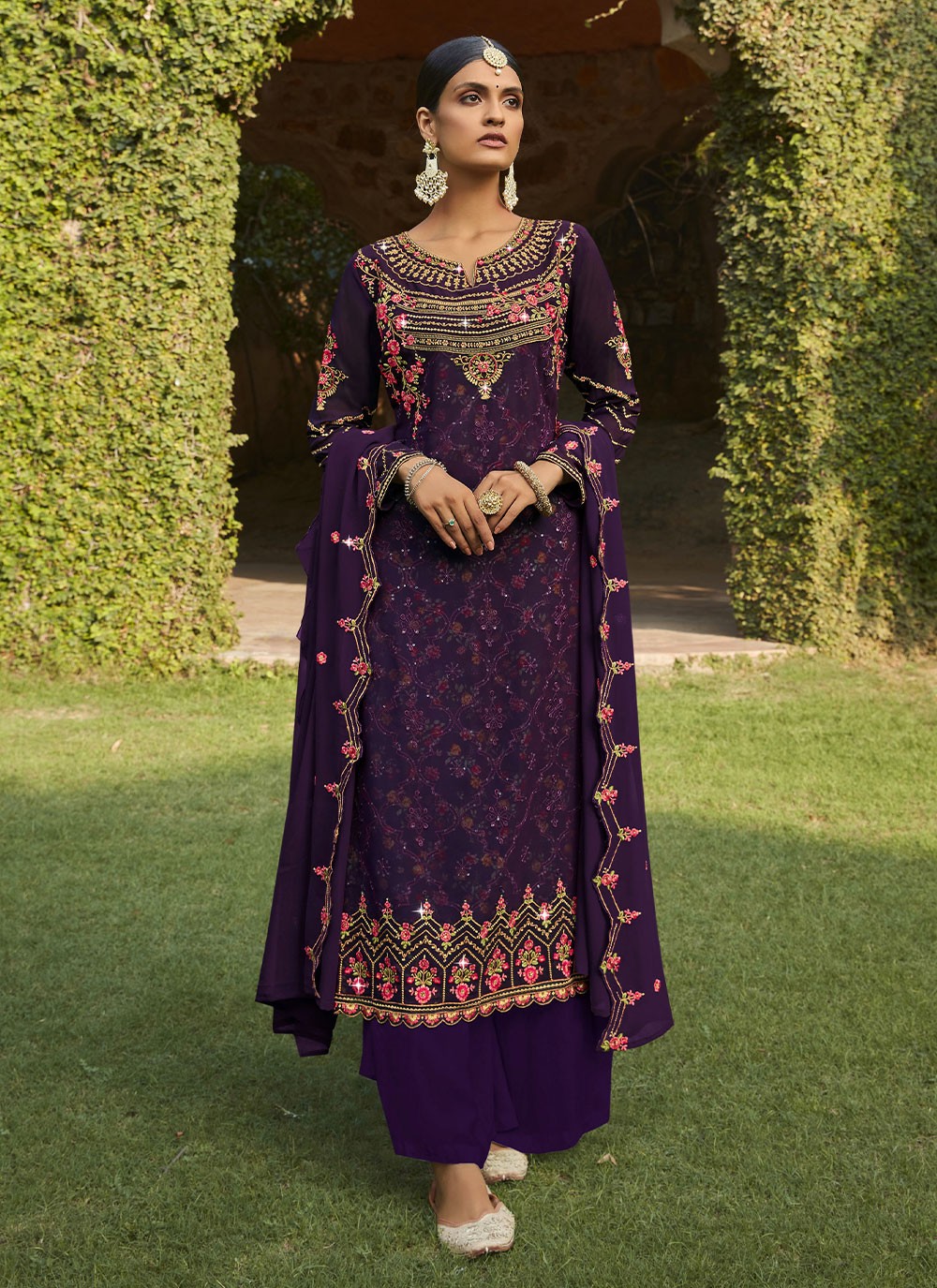 Georgette Embroidered Purple Designer Pakistani Suit
