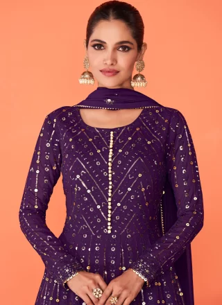 Georgette Embroidered Purple Readymade Anarkali Salwar Suit