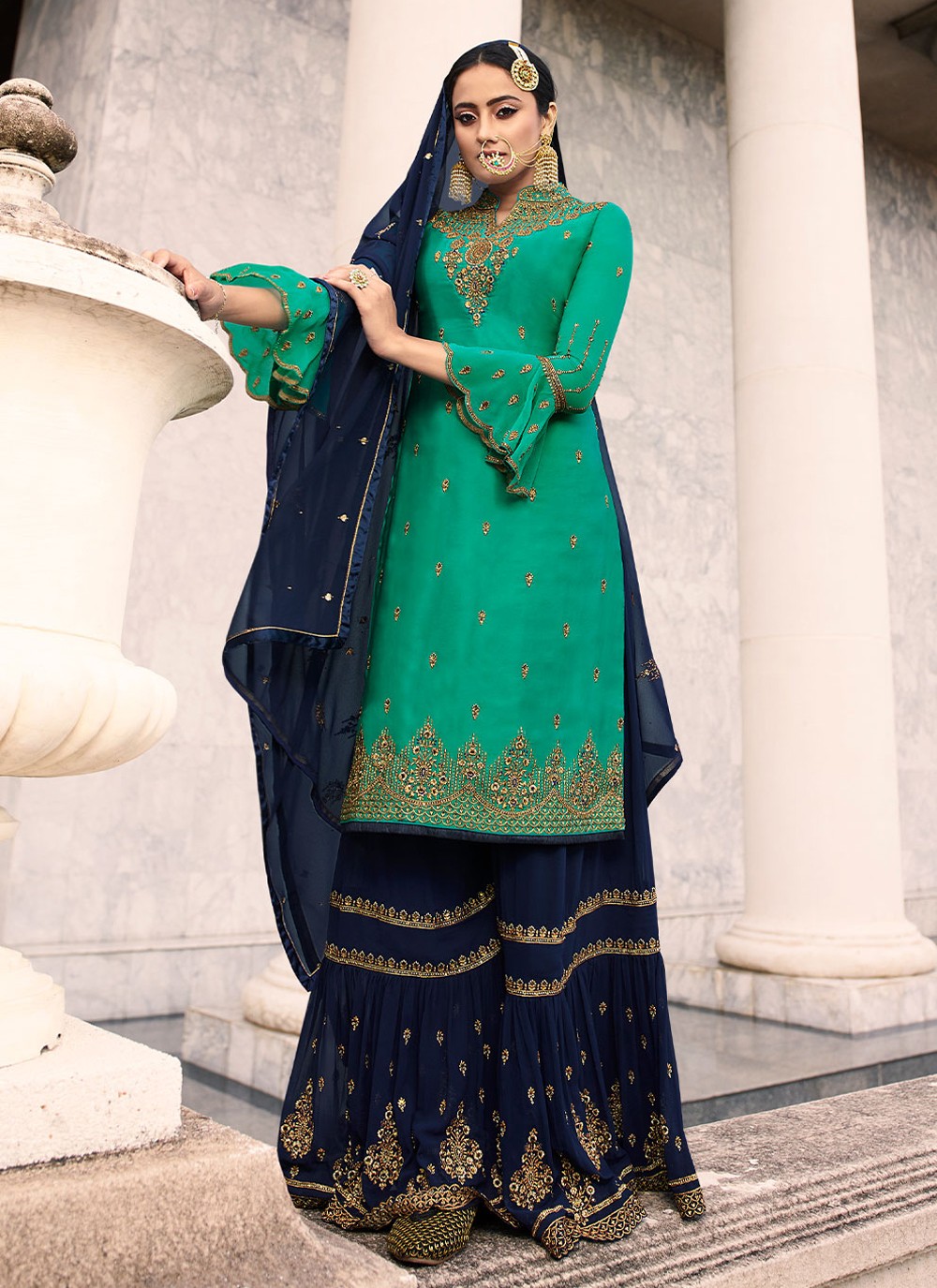 Georgette Embroidered Sea Green Salwar Suit