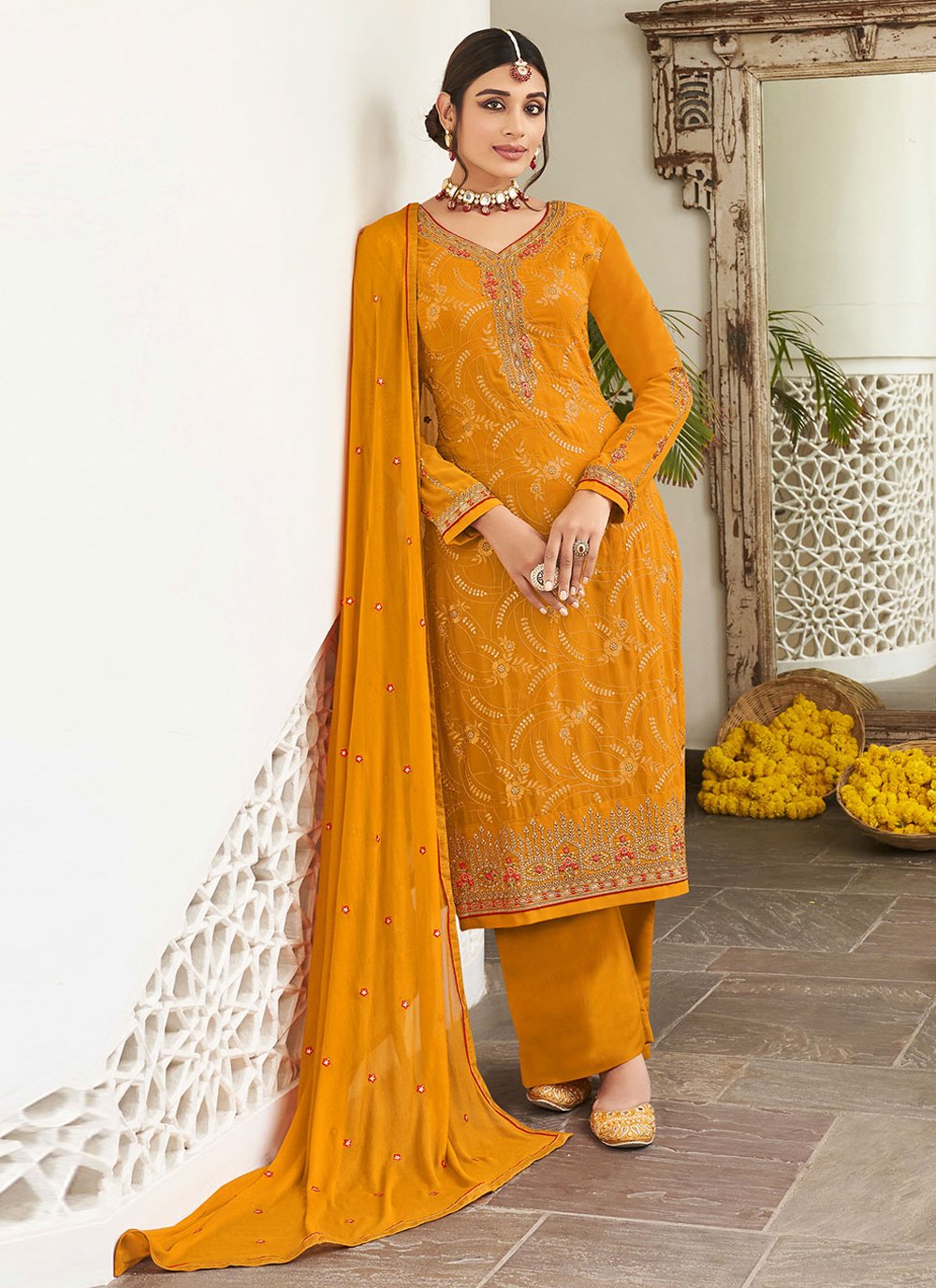 Georgette Embroidered Trendy Salwar Kameez in Mustard