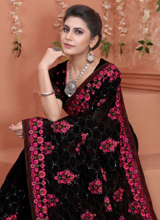 Georgette Embroidered Trendy Saree in Black