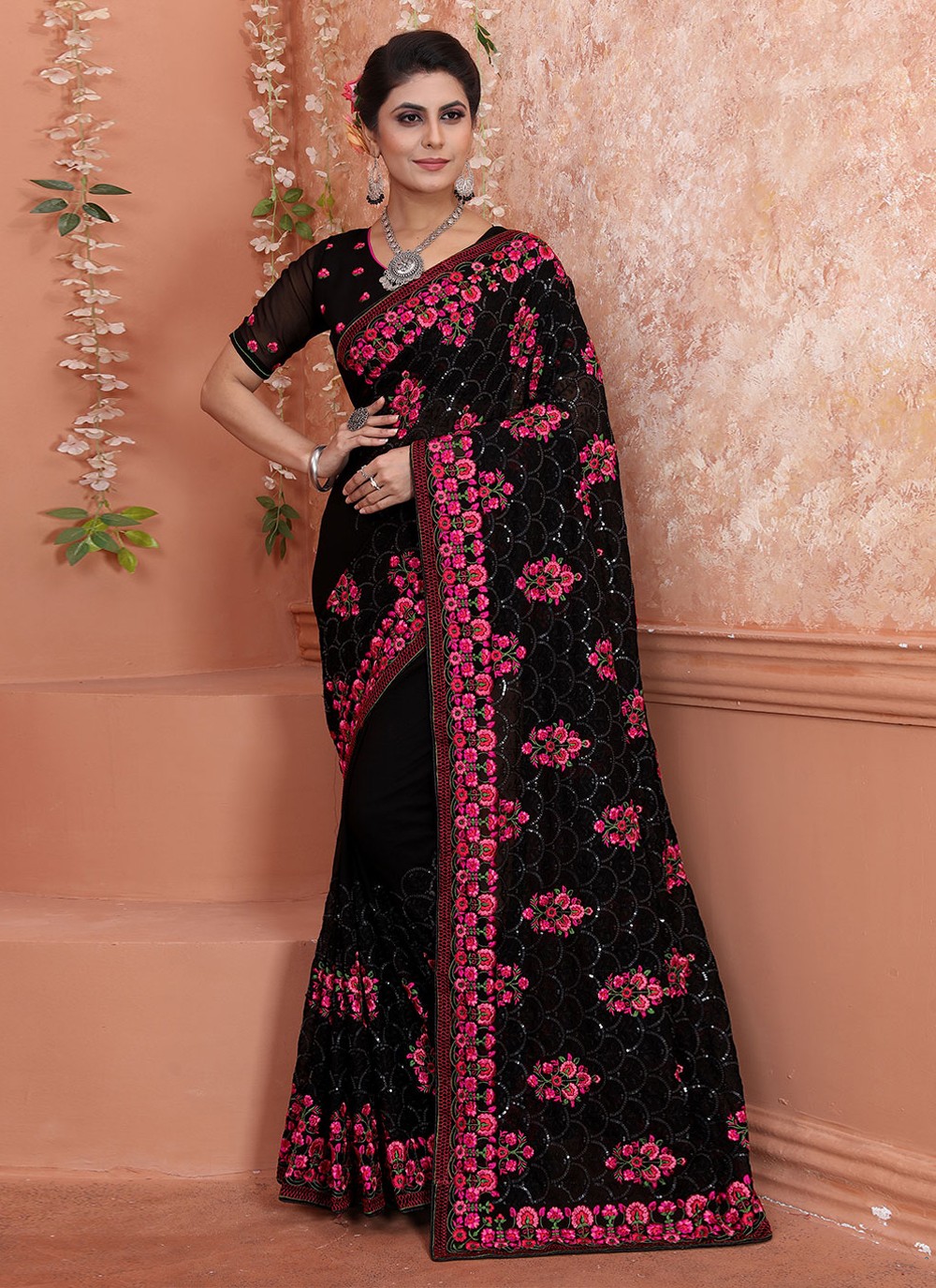 Georgette Embroidered Trendy Saree in Black