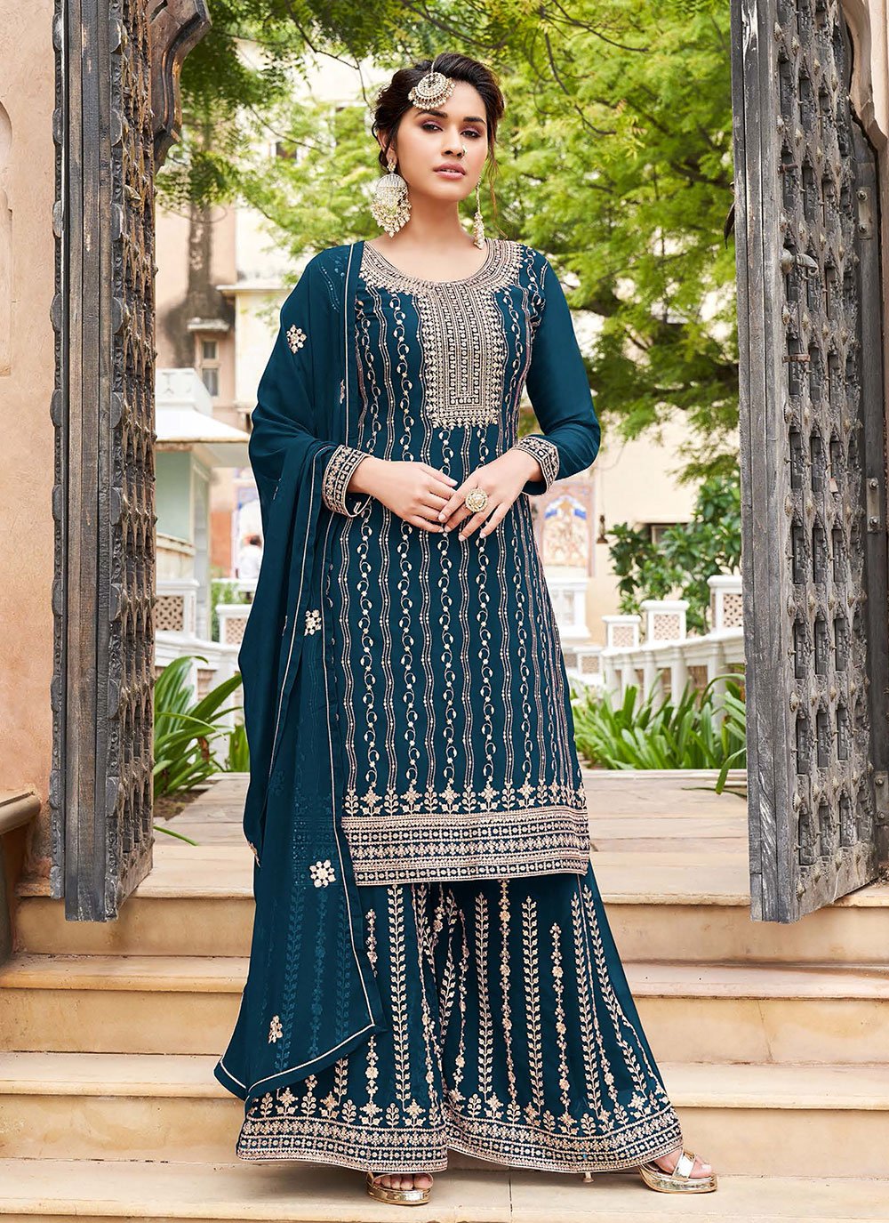 Georgette Embroidered Turquoise Trendy Salwar Suit