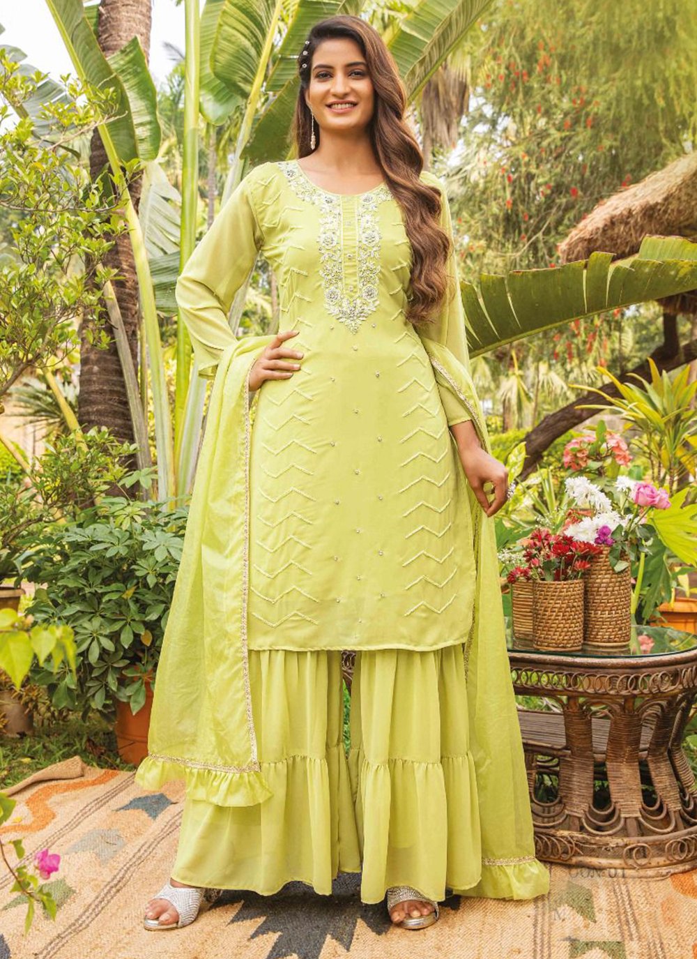 Georgette Embroidered Yellow Designer Palazzo Suit