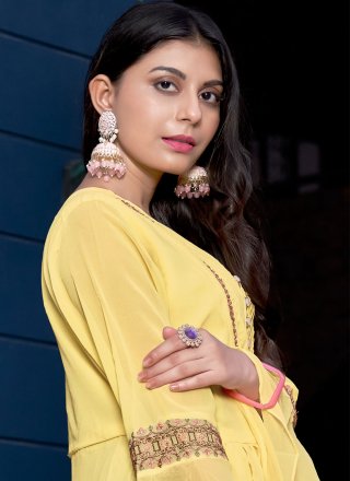 Georgette Embroidered Yellow Layered Gown