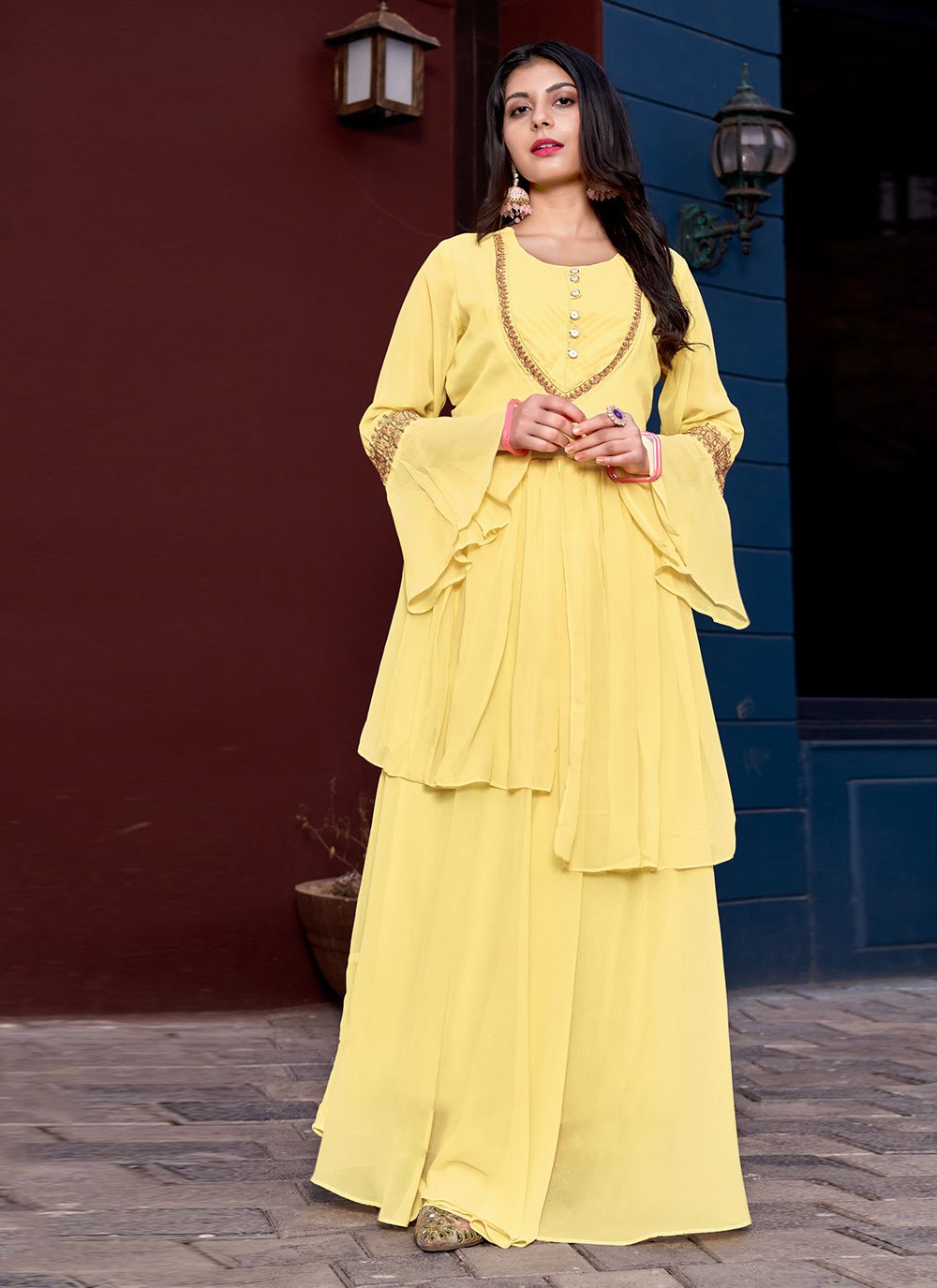 Georgette Embroidered Yellow Layered Gown