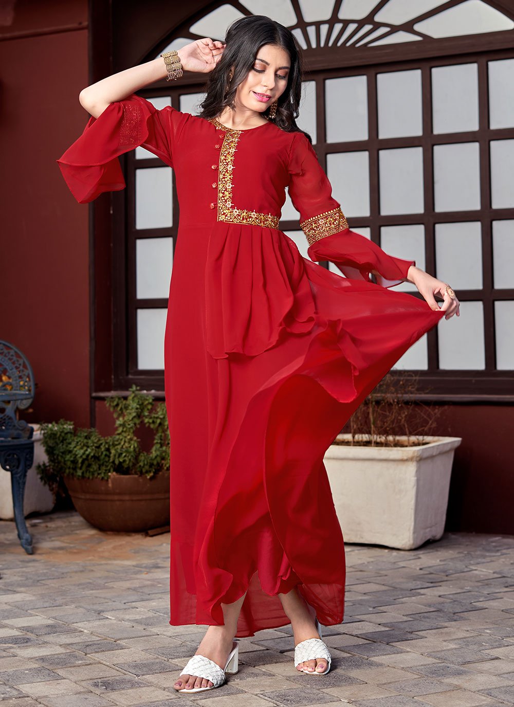 Radiant Maroon Colored Designer Partywear Embroidered Georgette Gown