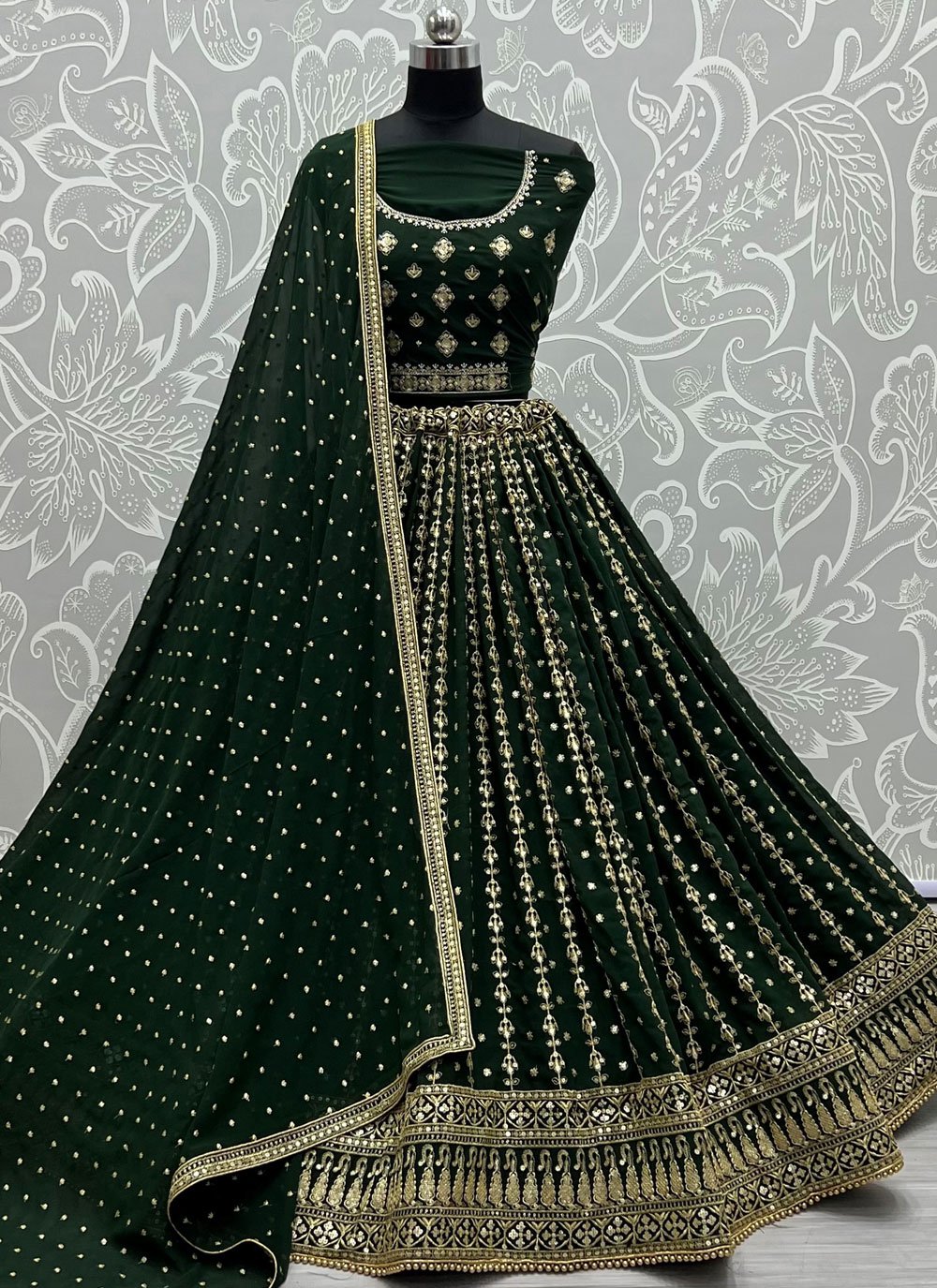 Georgette Green Embroidered A Line Lehenga Choli