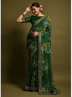 Georgette Green Embroidered Contemporary Style Saree
