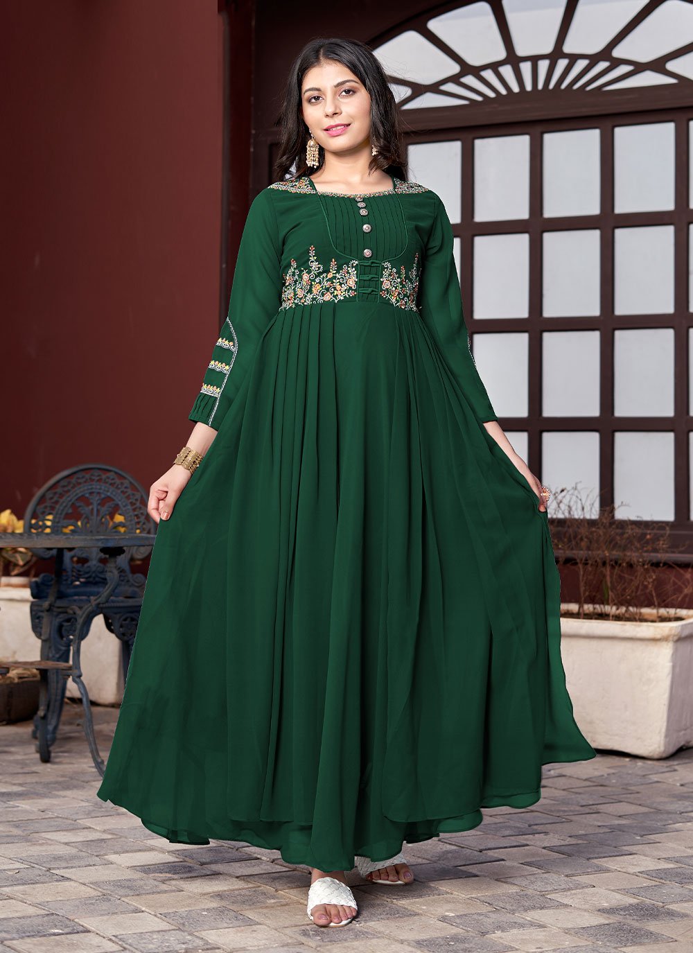 Georgette Green Embroidered Readymade Trendy Gown 