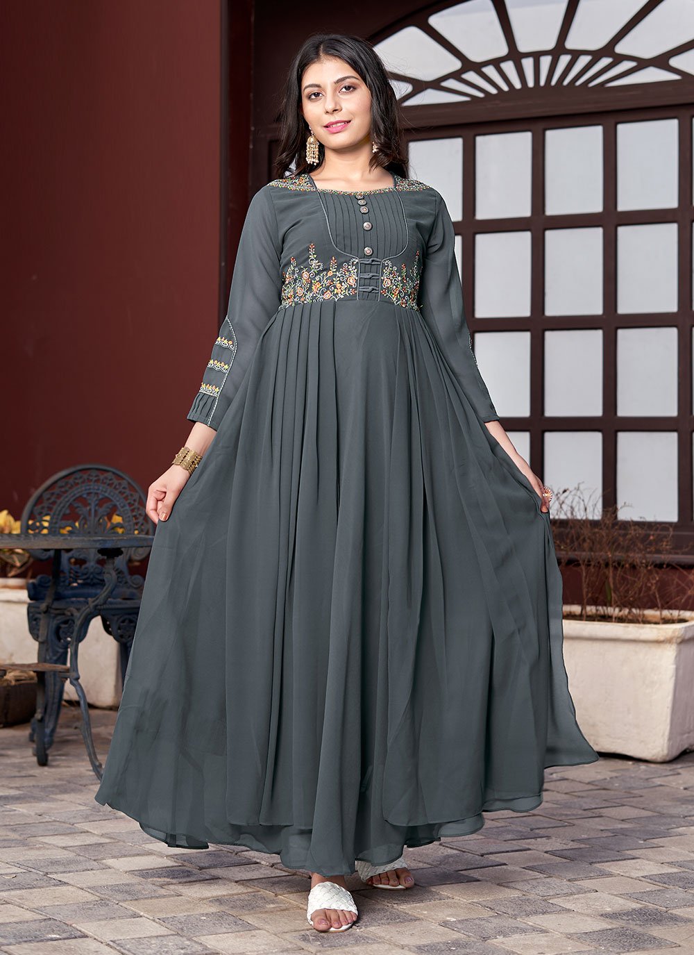 Georgette Grey Embroidered Readymade Gown
