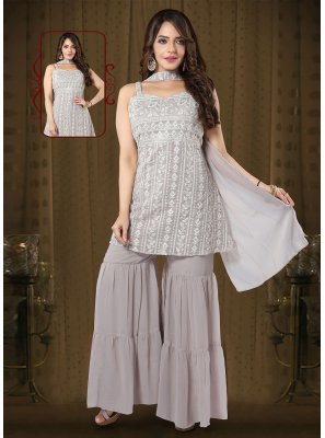 Georgette Grey Embroidered Trendy Palazzo Suit
