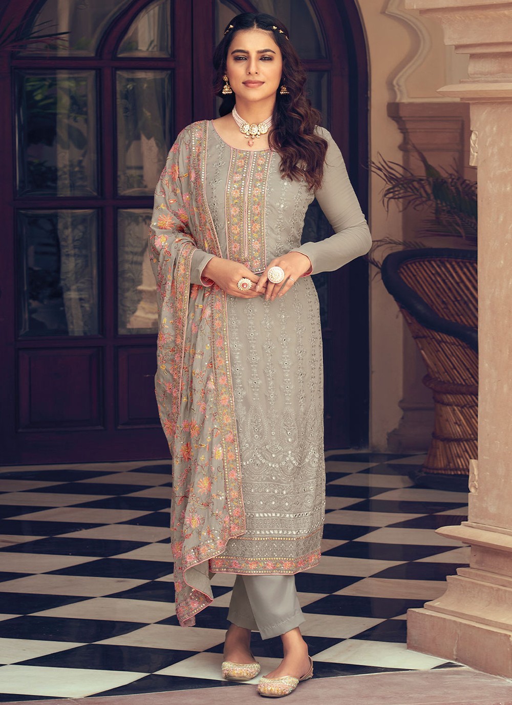 Georgette Grey Embroidered Trendy Salwar Suit