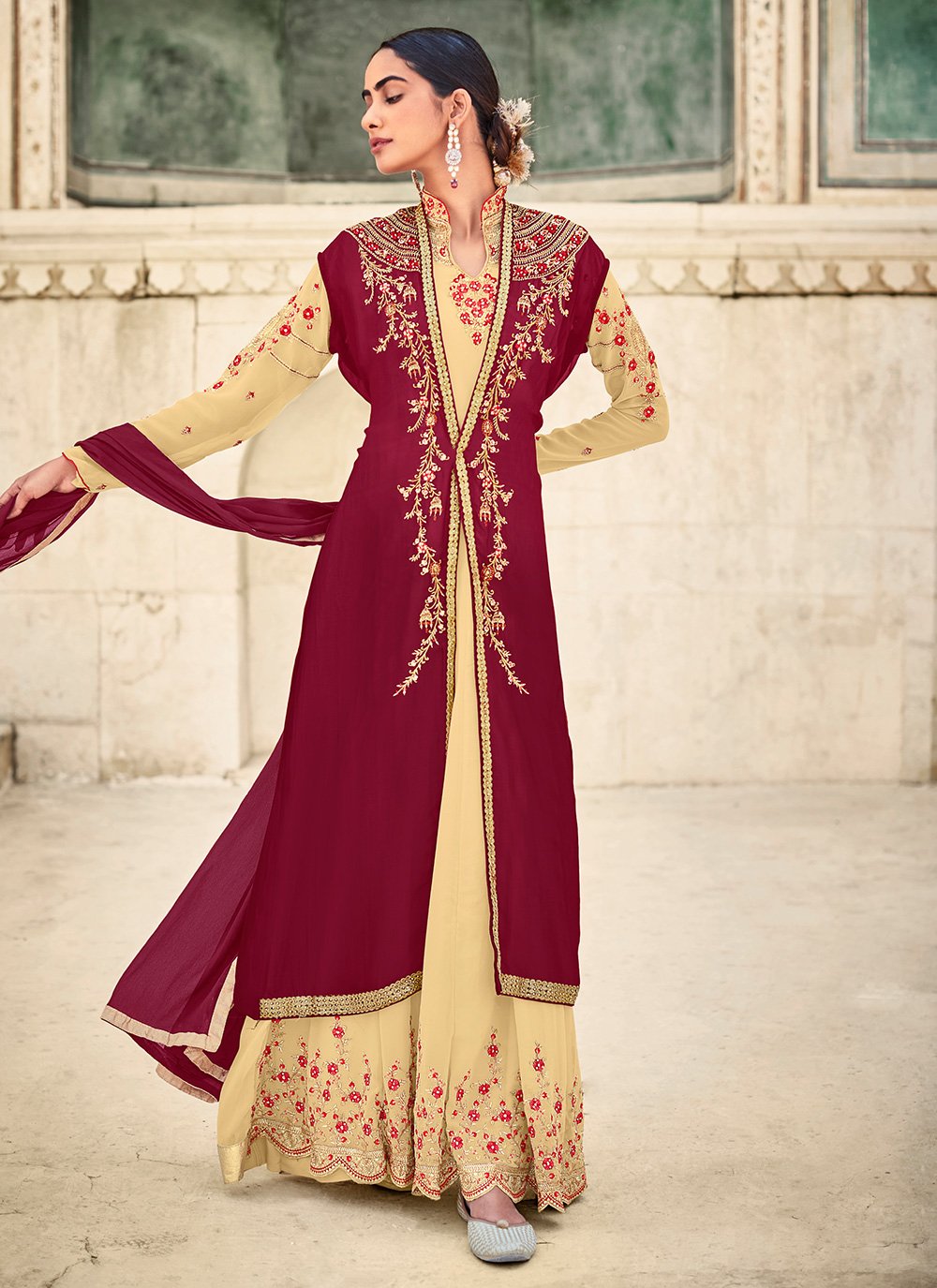 Georgette Jacket Style Anarkali Suit in Cream and Maroon