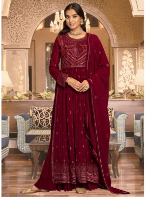 Georgette Maroon Embroidered Palazzo Salwar Kameez