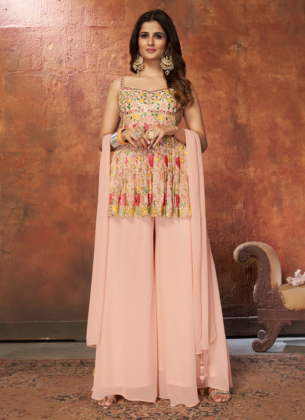 Georgette Mirror Peach Designer Pakistani Suit