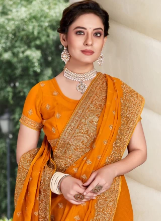 Georgette Mustard Embroidered Classic Saree