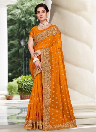 Georgette Mustard Embroidered Classic Saree
