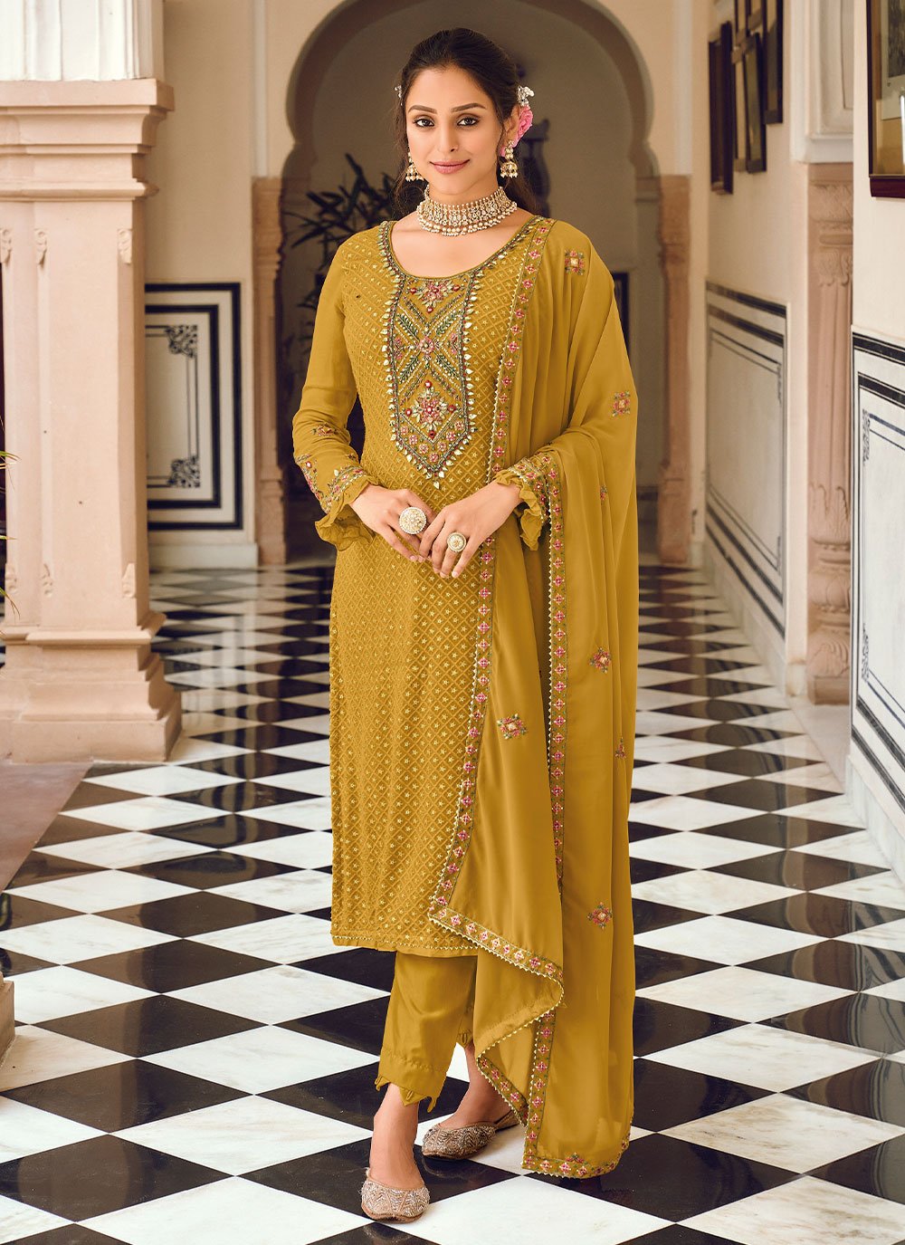 Georgette Mustard Pant Style Suit