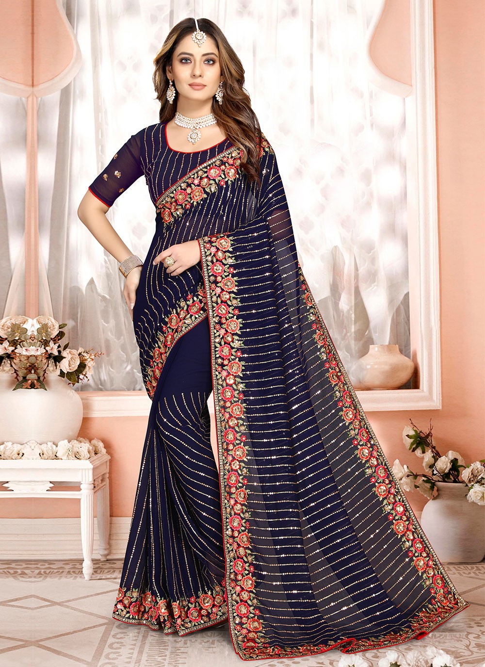 Navy blue georgette saree with blouse 6811