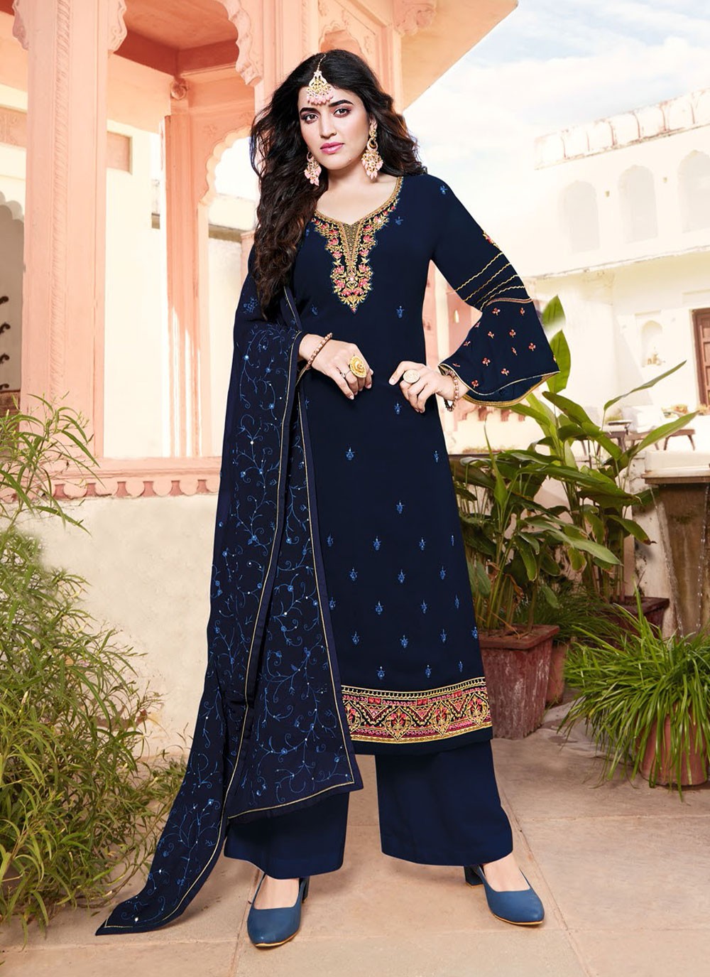 Georgette Navy Blue Embroidered Designer Straight Salwar Suit