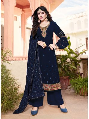 Georgette Navy Blue Embroidered Designer Straight Salwar Suit